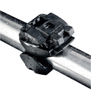 Water-drenched black metal clamp on silver rod.