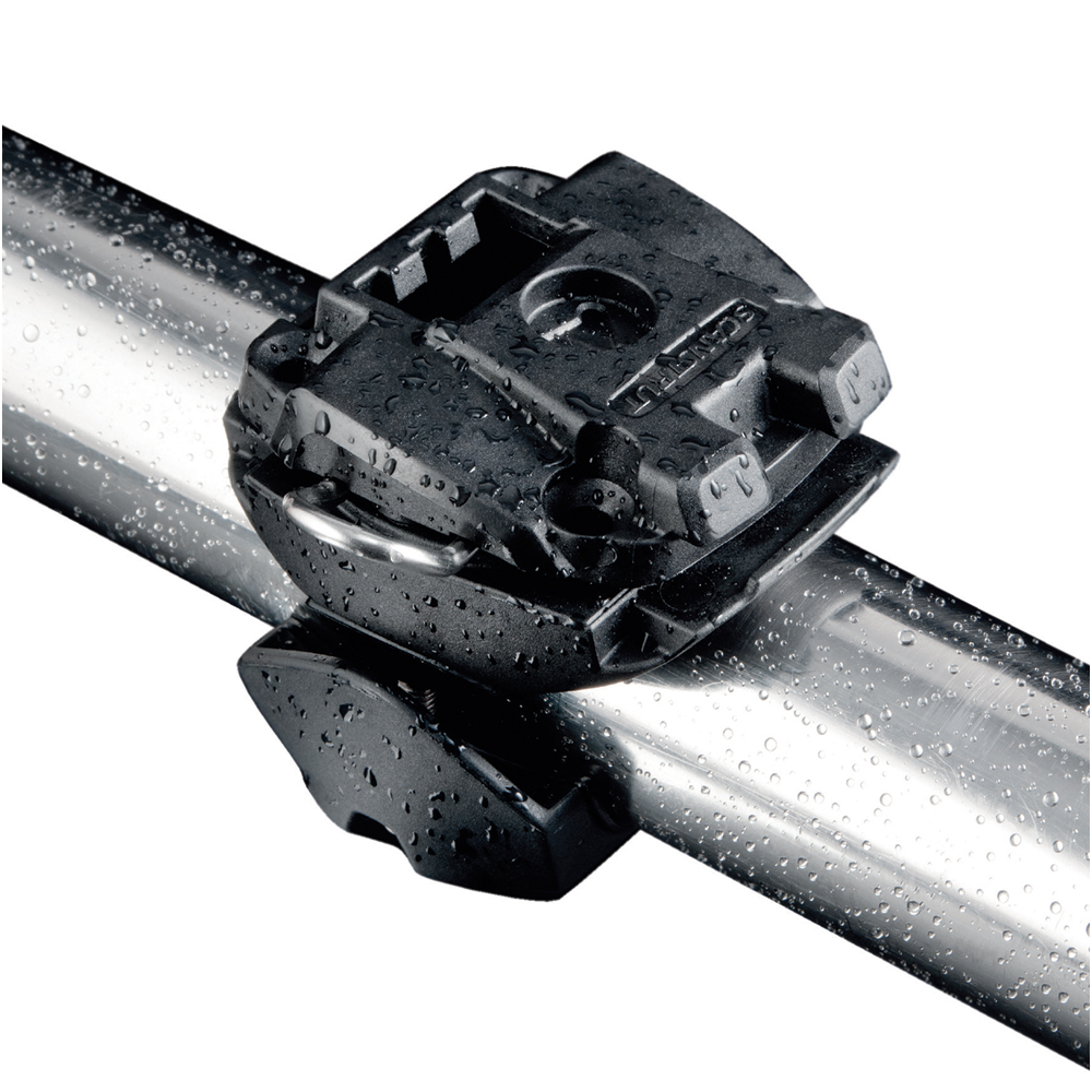 Water-drenched black metal clamp on silver rod.