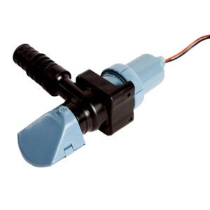 Blue plastic water flow sensor for industrial use.
