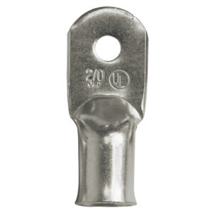 Metal cable lug with hole and UL marking.