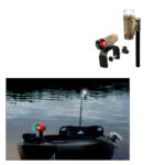 Boat navigation lights at night on water.