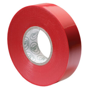 Red electrical tape roll on white background.