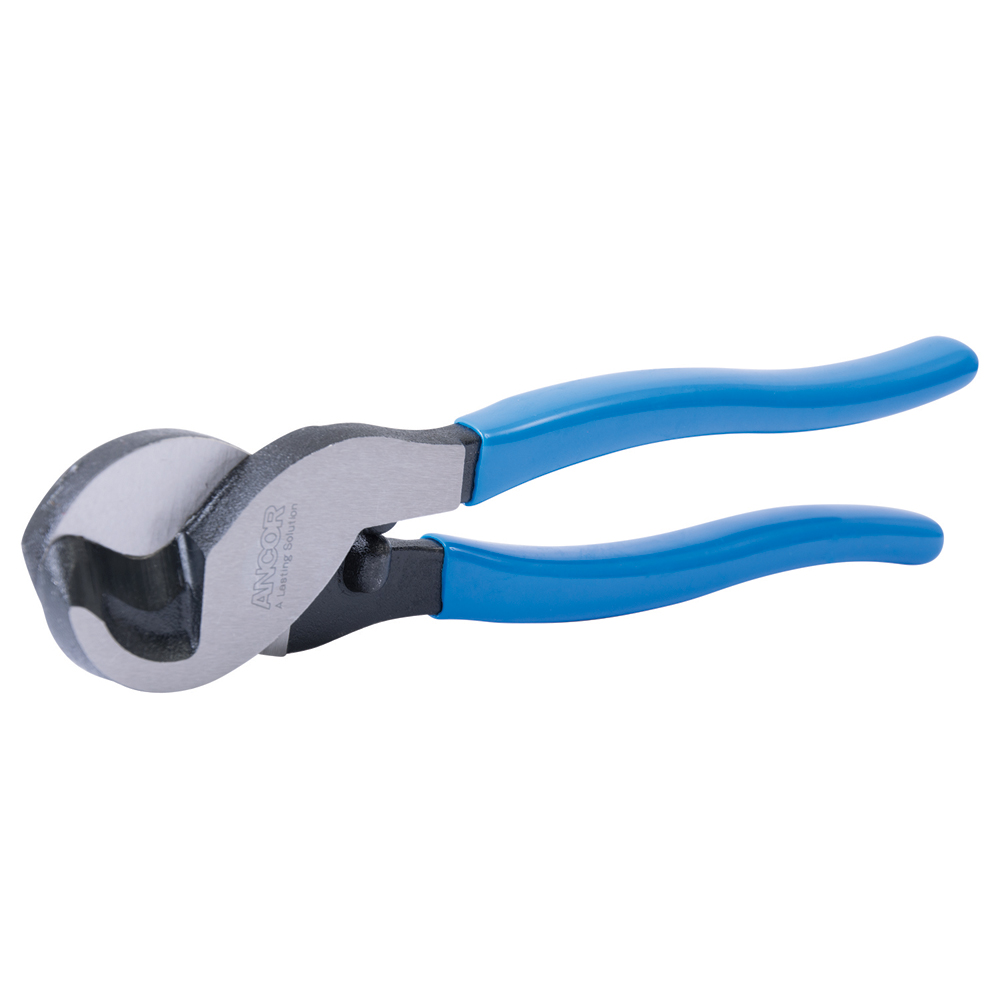 Blue-handled cable cutter tool isolated on white.