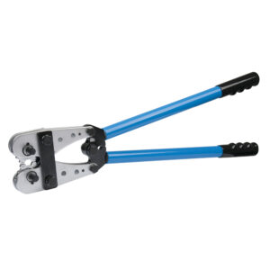 Blue-handled bolt cutters on white background.