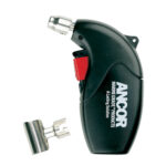 Mini butane torch with red trigger button.