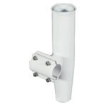 White plastic pipe fitting, metal screws, vertical mount.