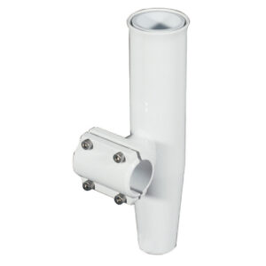 White plastic pipe fitting, metal screws, vertical mount.