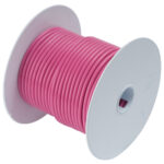 Pink wire spool against white background.