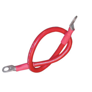 Red battery cable with metal terminals.