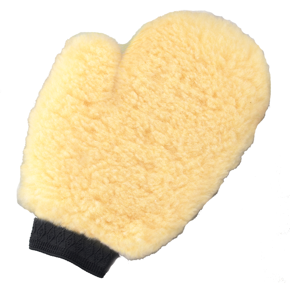 Yellow sheepskin mitt with black cuff