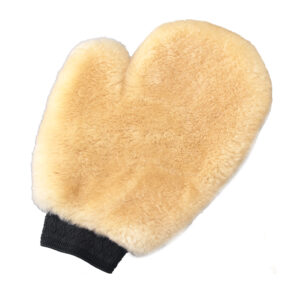 Fluffy beige mitt with black wristband