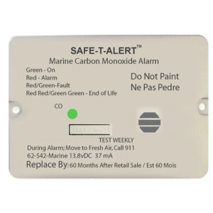 Marine carbon monoxide alarm instructions and indicator colors.