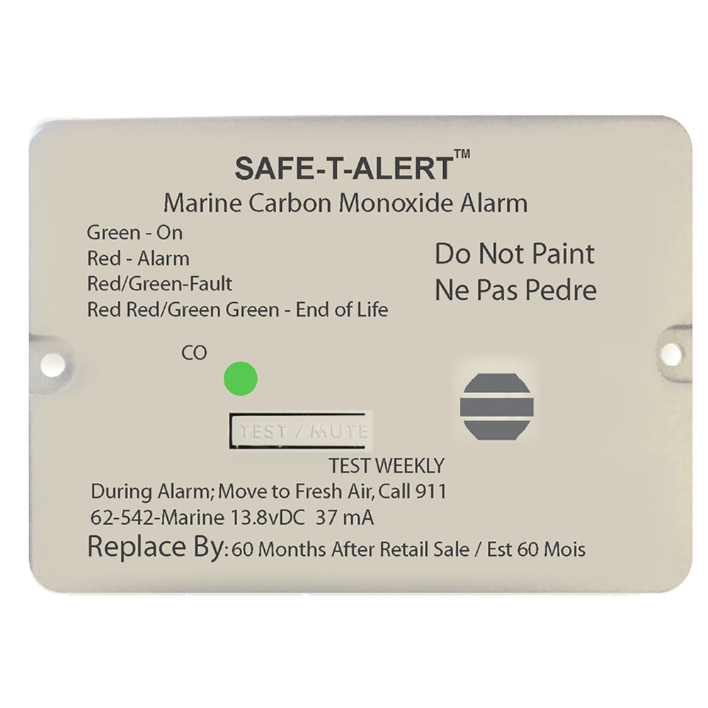 Marine carbon monoxide alarm instructions and indicator colors.