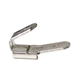 Metal hinge with a shiny finish.
