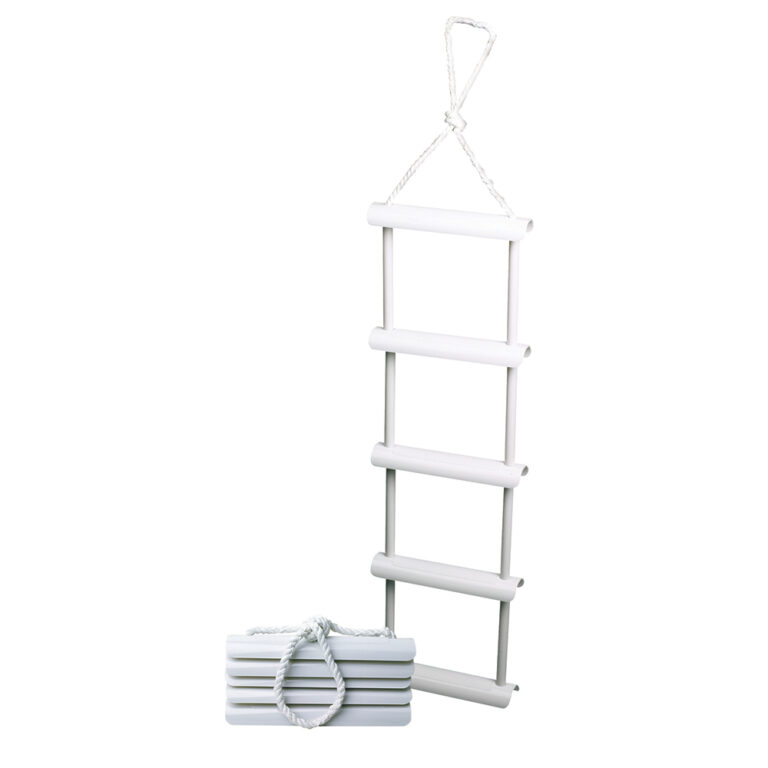 Rope ladder with white steps, folded and unfolded.