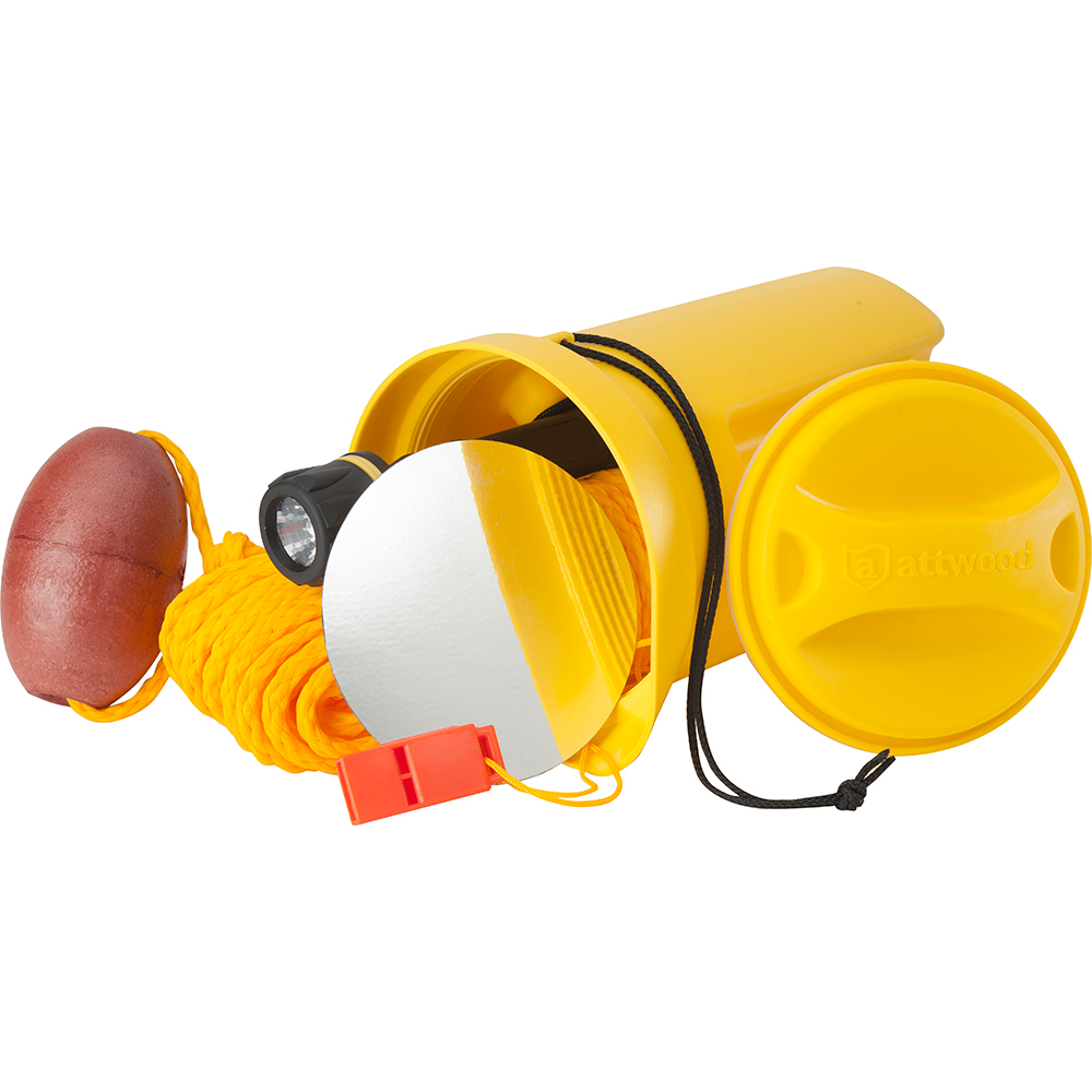 Yellow boating safety kit with accessories.