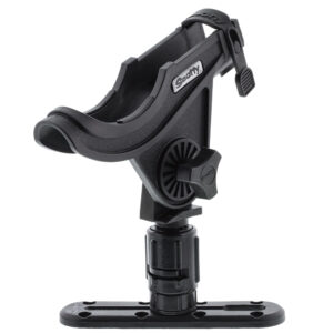 Adjustable black fishing rod holder with mount.