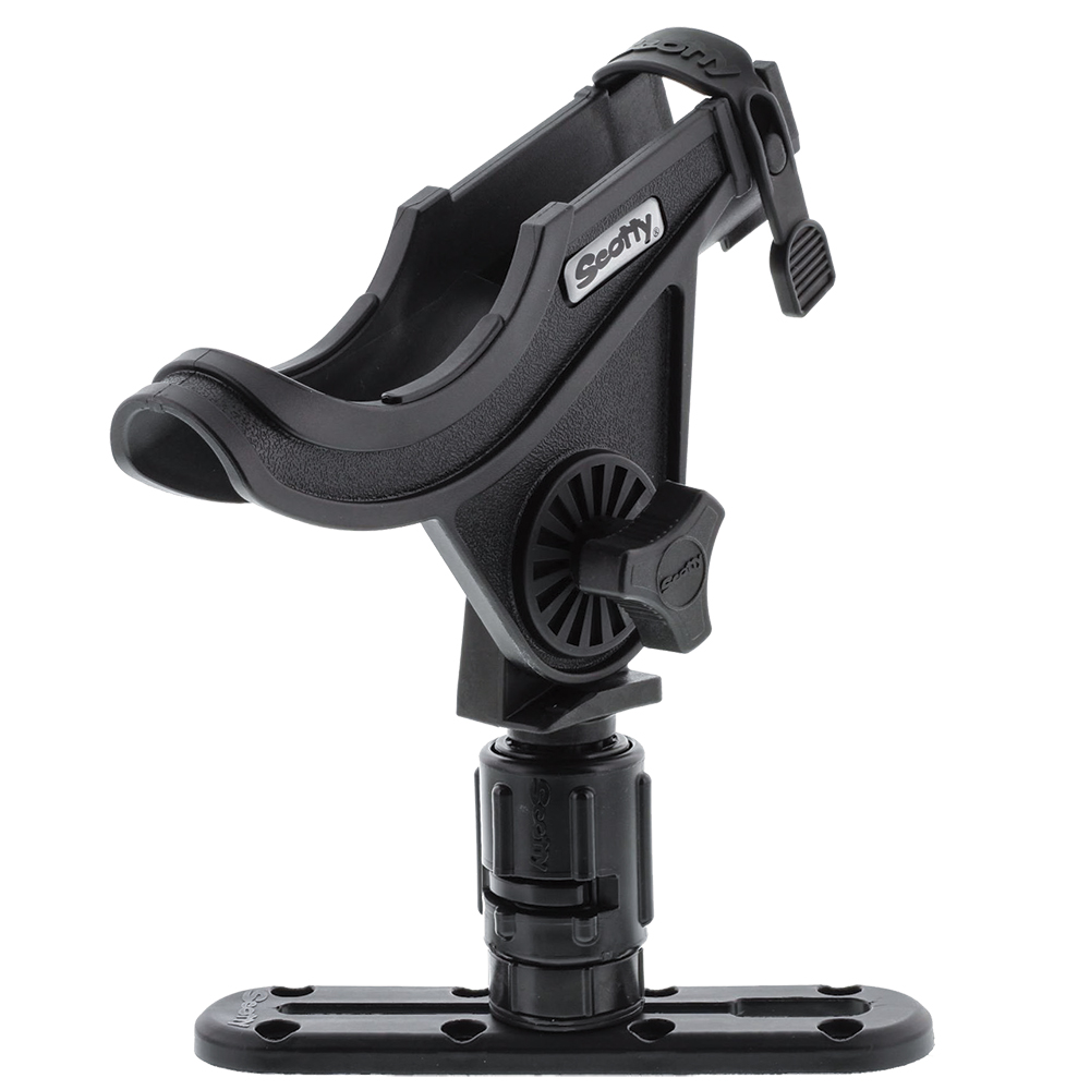Adjustable black fishing rod holder with mount.