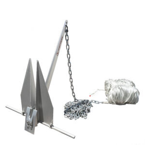Anchor with chain and rope on white background.
