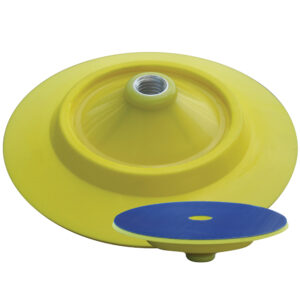 Yellow and blue buffing pad attachment.