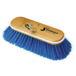 Wooden cleaning brush with blue bristles