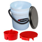 Cleaning bucket with lid and red accessories.