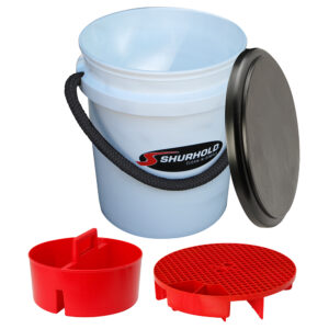 Cleaning bucket with lid and red accessories.
