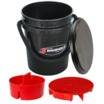Black bucket with red inserts and lid.
