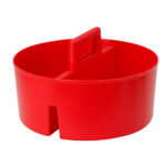 Red plastic drink holder with handle.