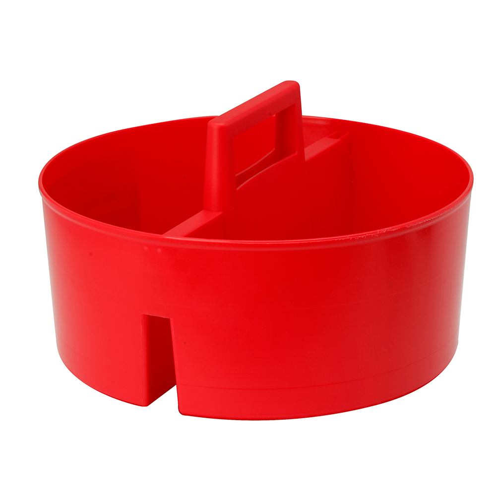 Red plastic drink holder with handle.