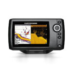 Fish finder displaying sonar with navigation data.