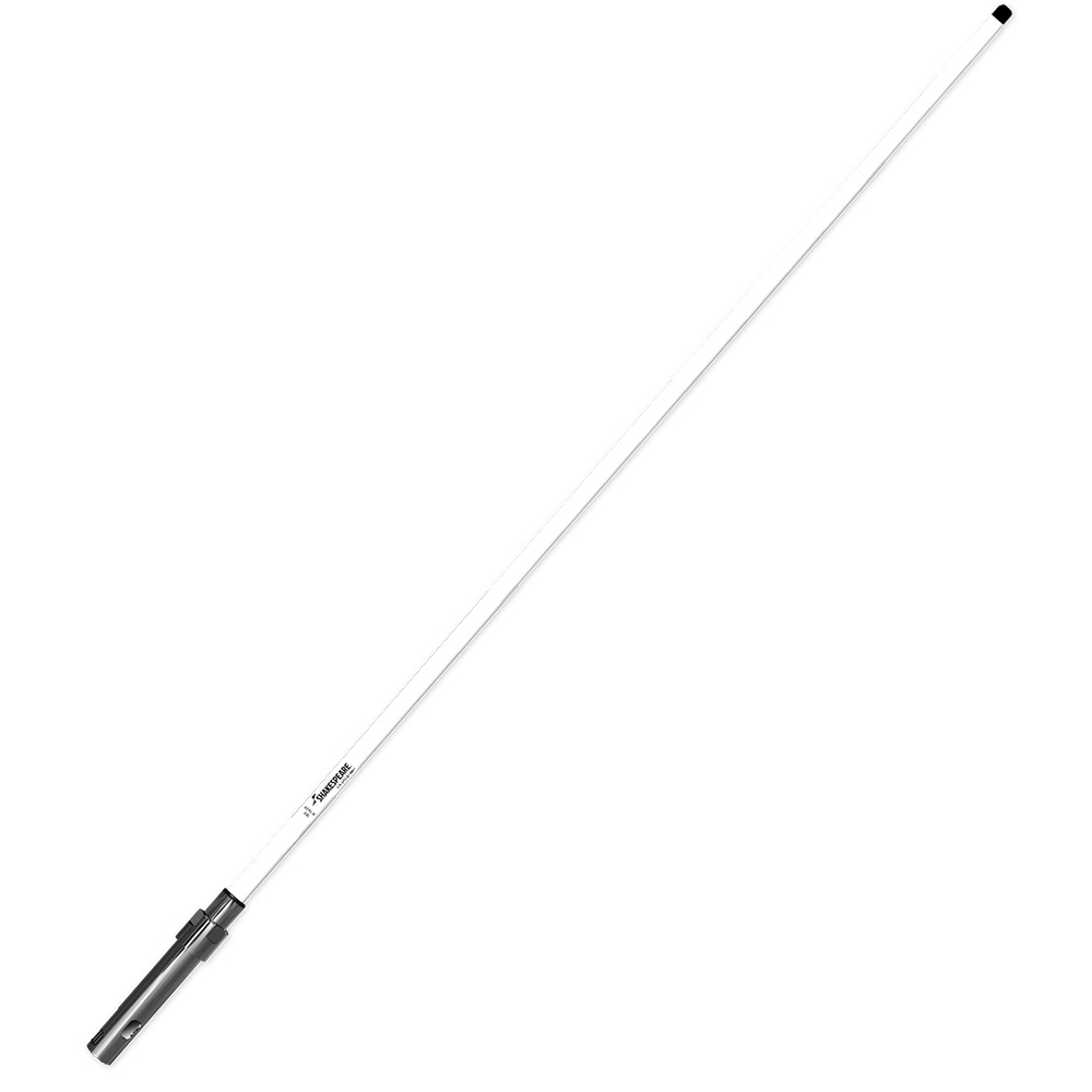 White fibreglass VHF marine antenna with base and connector.