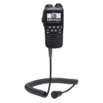Marine handheld radio with corded microphone.