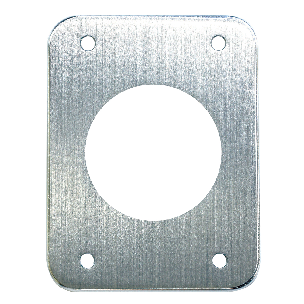 Metallic outlet cover with central circular cutout.