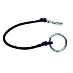 Black lanyard with silver clasp and metal ring.