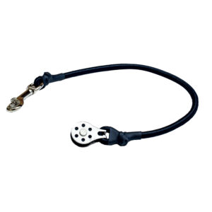 Sailing pulley with black cord and brass hook.