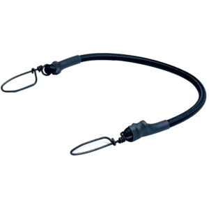 Flexible black bungee cord with hooks.
