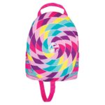 Colorful spiral pattern on pink backpack.