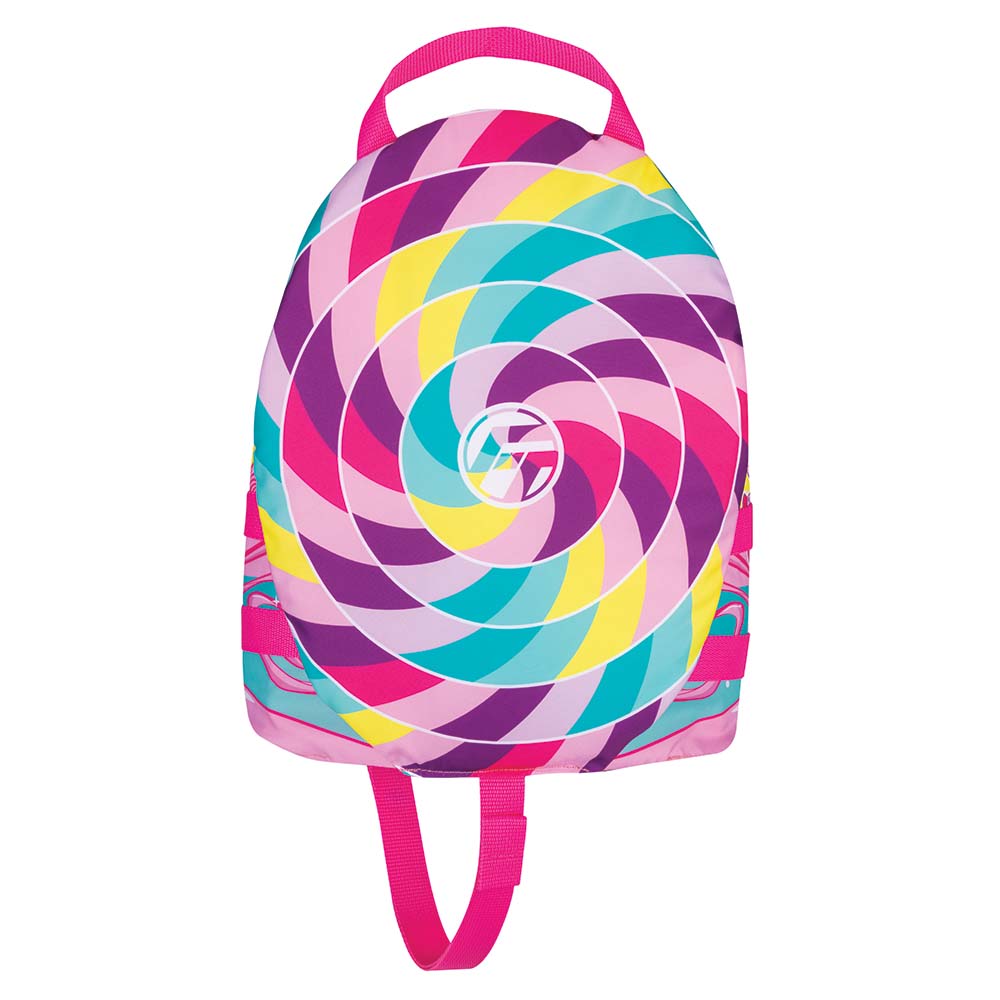 Colorful spiral pattern on pink backpack.