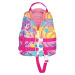Colorful children's life jacket with cartoon design.