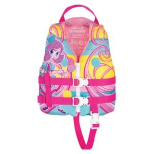 Colorful children's life jacket with cartoon design.