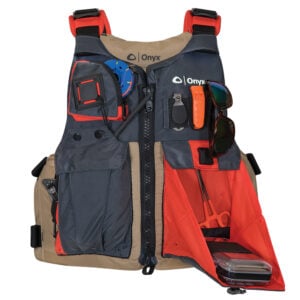 Fishing vest with accessories and storage pockets.