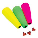 Three colorful ear protection plugs with small ear tips.