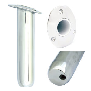 Stainless steel fishing rod holder with mounting flange.
