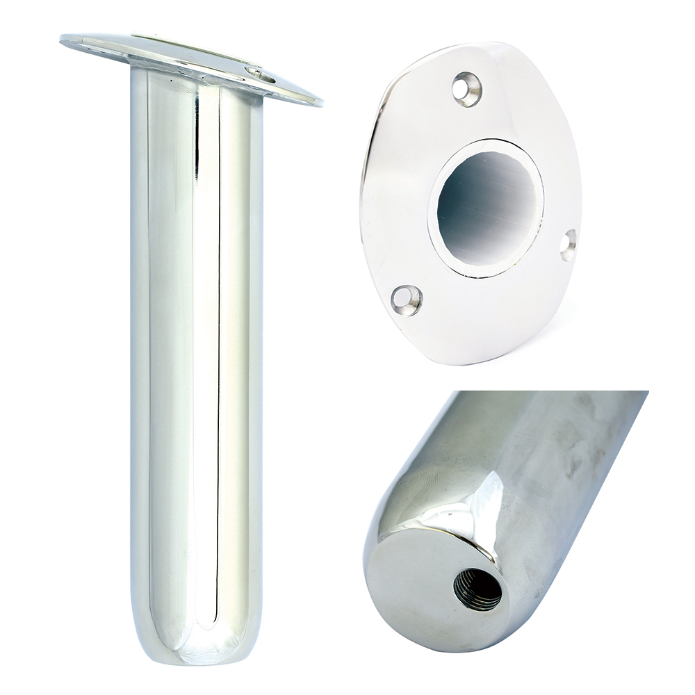 Stainless steel fishing rod holder with mounting flange.