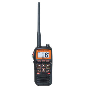 Portable handheld marine VHF radio with display.