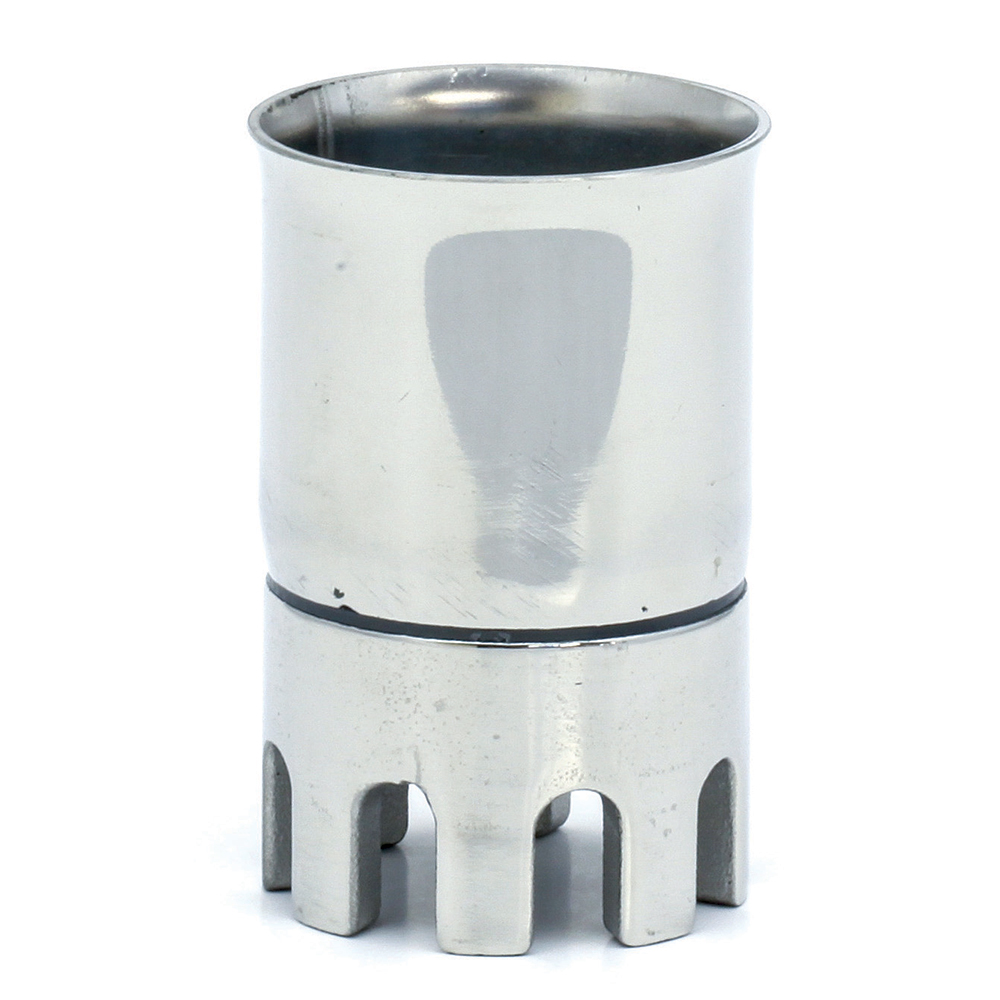 Stainless steel socket wrench adapter on white background.