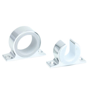 Chrome circular and U-shaped mounting brackets.