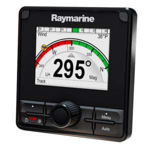 Raymarine navigation display showing compass heading and wind.