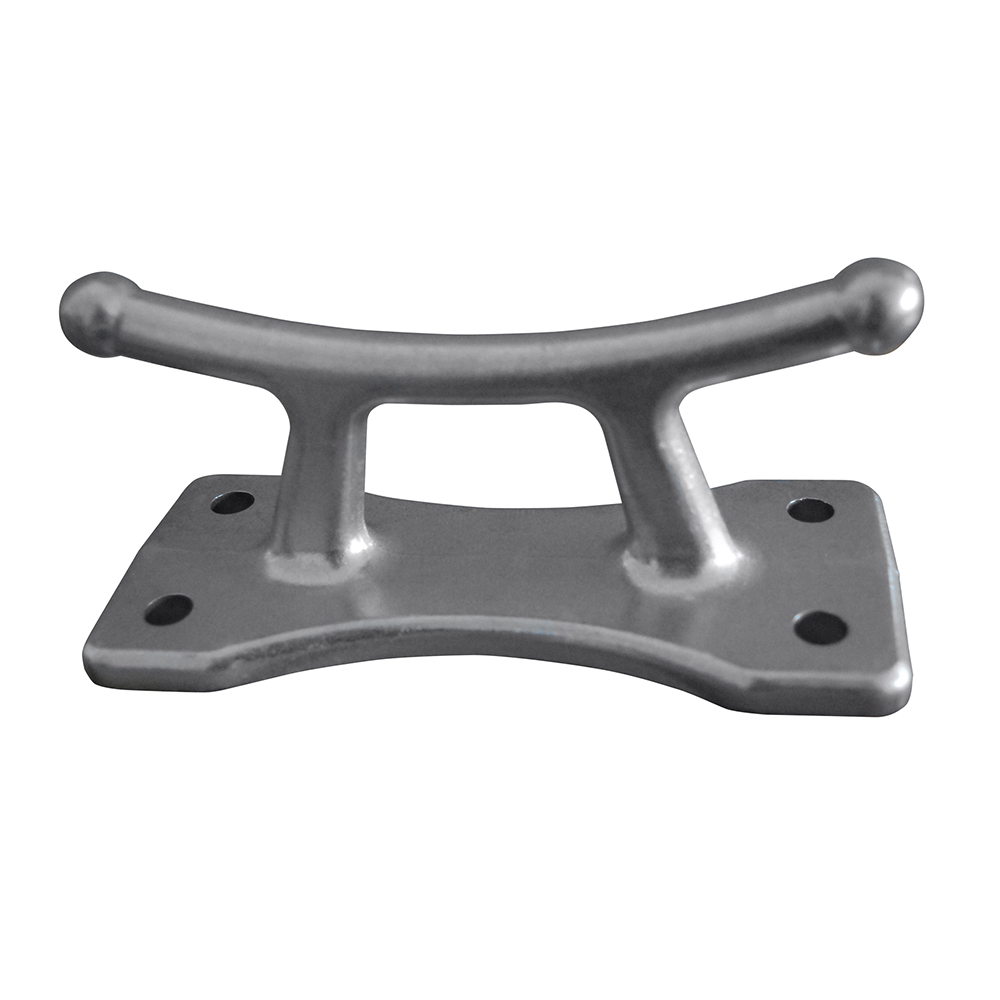 Metal boat cleat with four mounting holes.